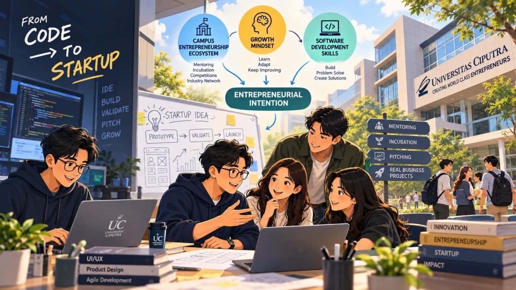 Ilustrasi niat berwirausaha mahasiswa IT, dari menulis kode hingga meluncurkan startup