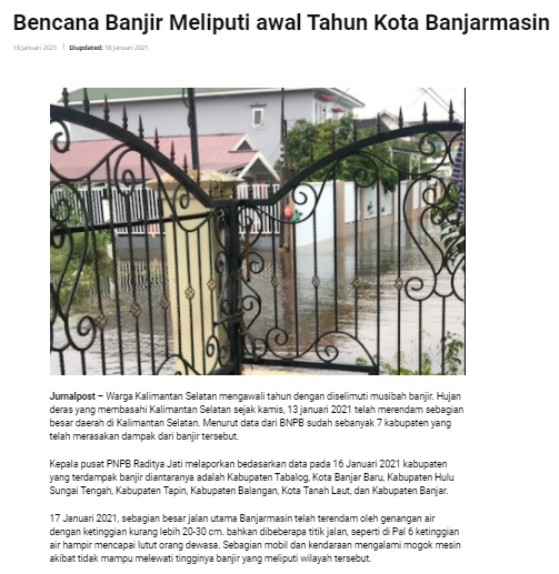Bencana Banjir Meliputi awal Tahun Kota Banjarmasin. jurnalpost.com. 18