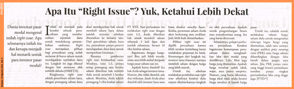 Apa Itu Right Issue. Yuk, Ketahui Lebih Dekat. Kompas. 20 Agustus 2021 ...