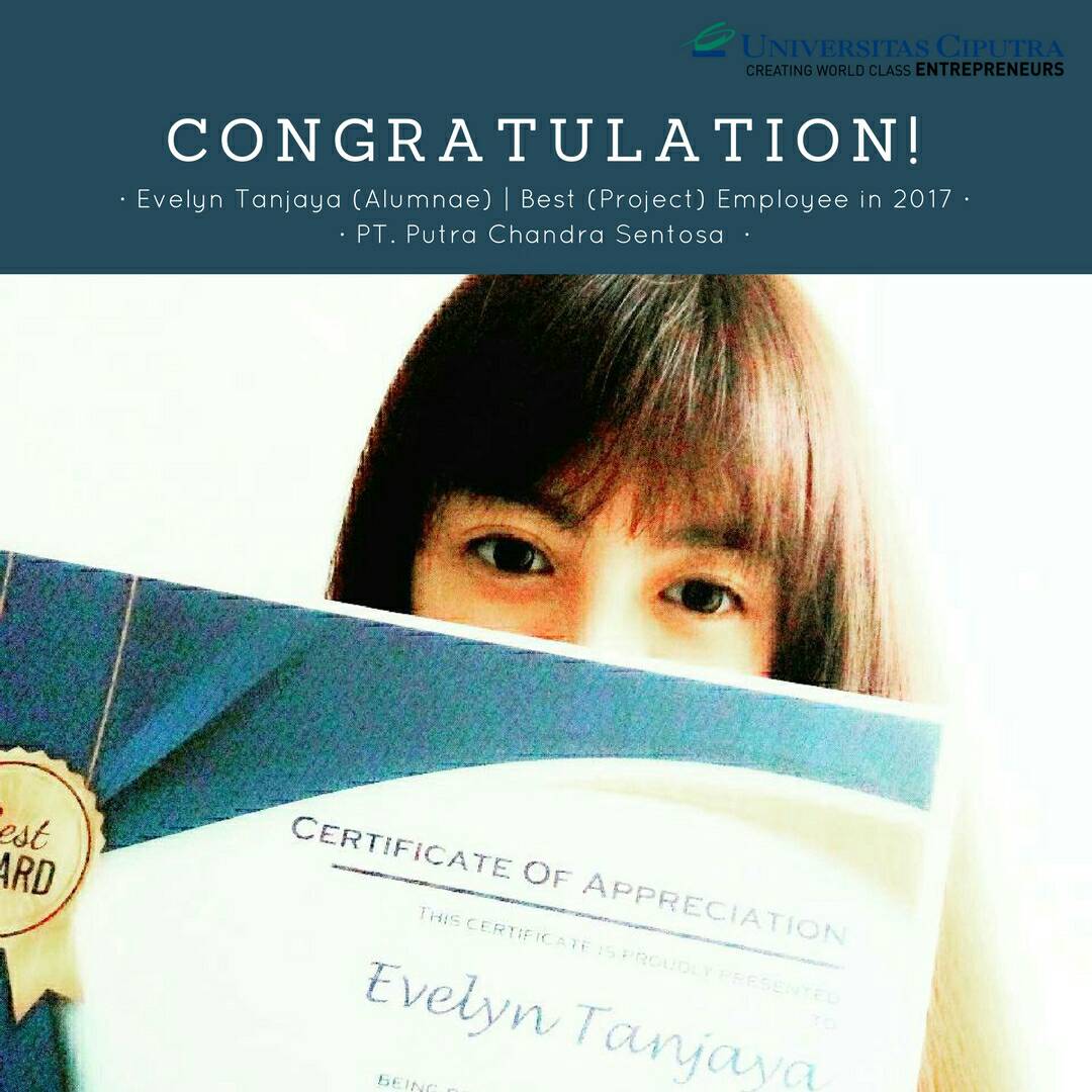 Evelyn Tanjaya, Alumni PSY UC Angkatan 2011 Raih Penghargaan Best (Project) Employee Evelyn Tanjaya, Alumni PSY UC Angkatan 2011 Raih Penghargaan Best (Project) Employee